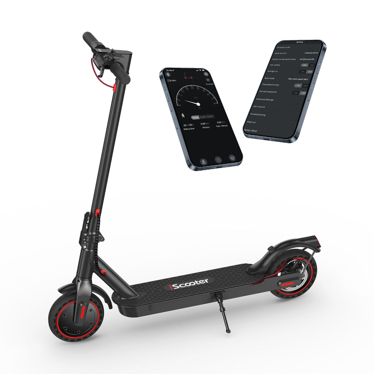 Low front angle of the iScooter i9 with the app screens behind it and the kickstand down.