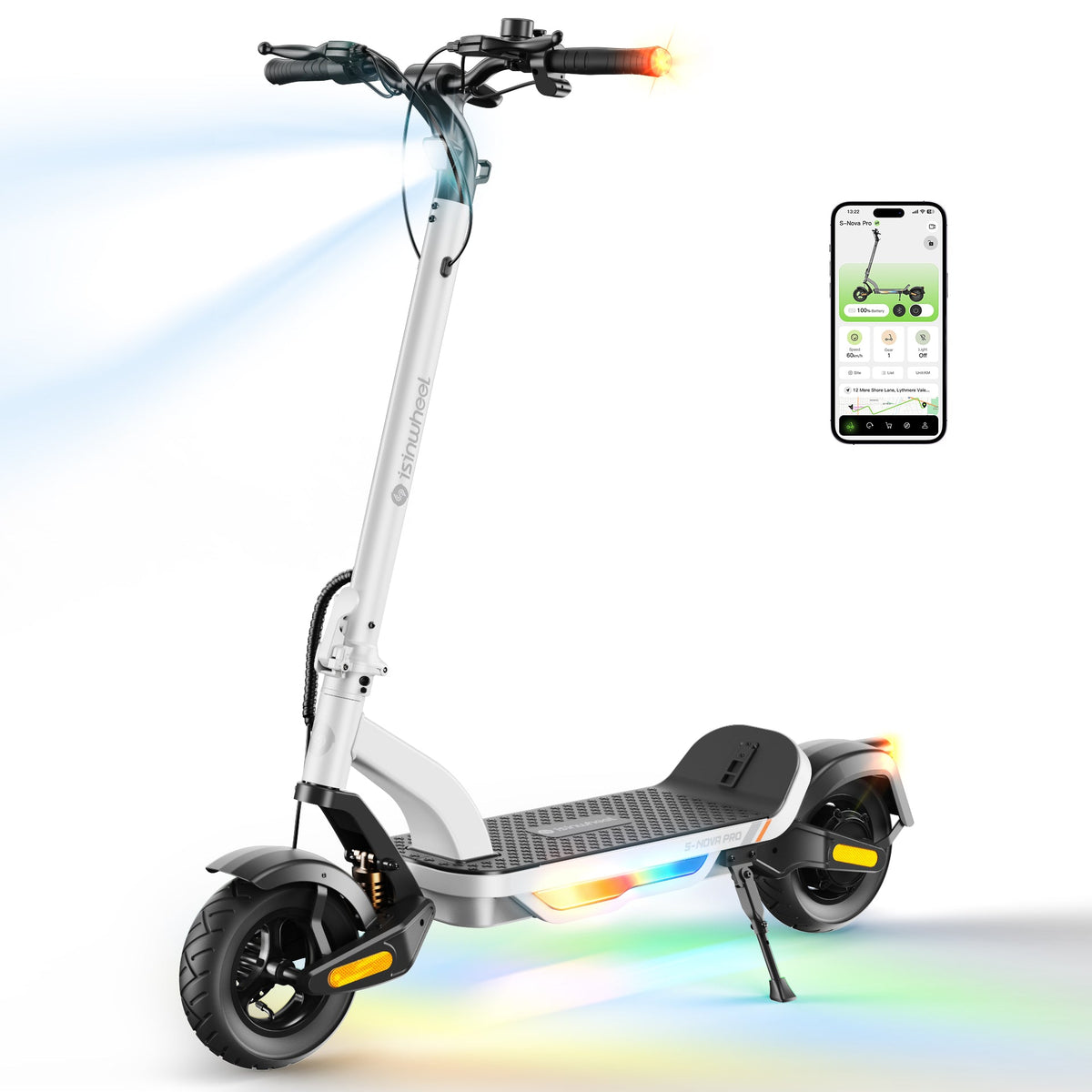 White isinwheel S Nova Pro with the headlight beam projecting forward and RGB ambient deck lighting active beside the isinwheel Club app