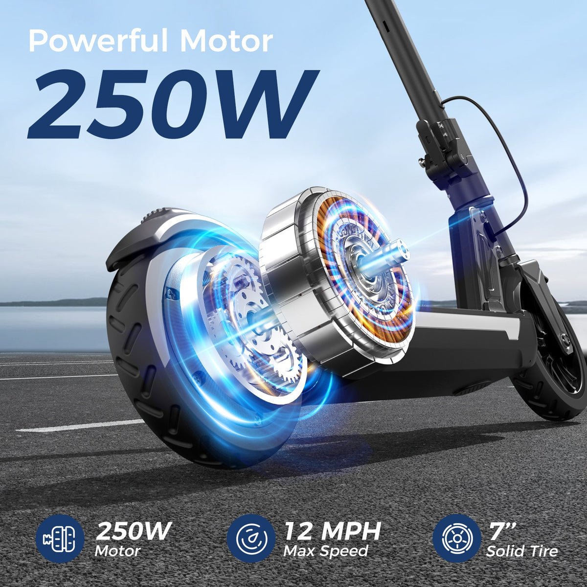 isinwheel S7 250W motor and 7-inch solid tire specification graphic