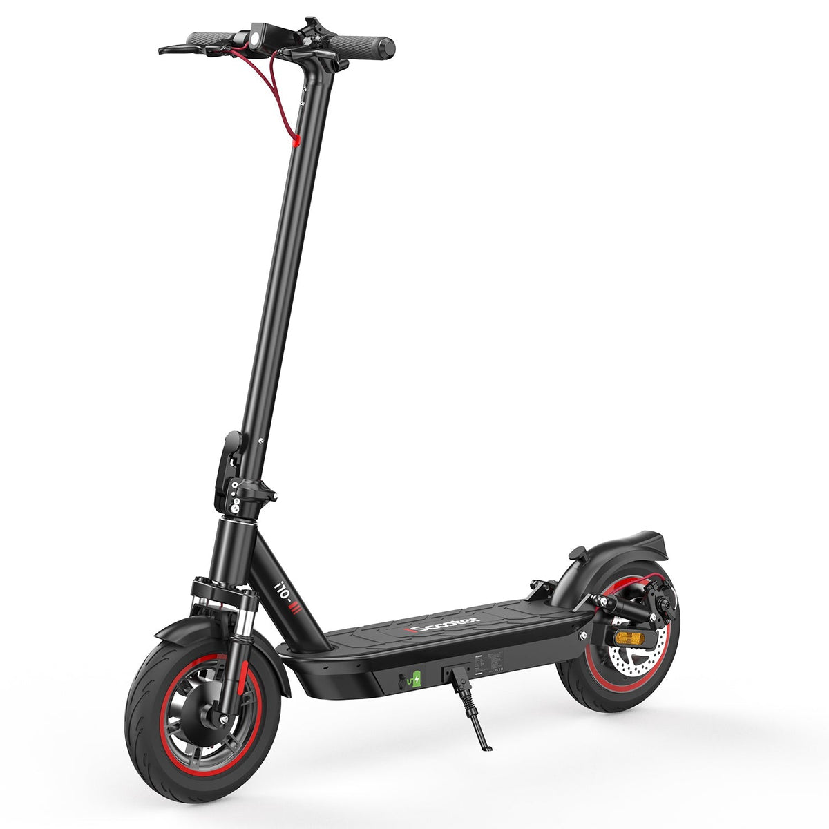 iScooter i10 mid-tier folding commuter electric scooter: 42V peak 650W brushless motor, 25 mph, 4 speed modes, 10-inch pneumatic tires, EBAS front brake plus rear disc, front and rear suspension, IP54, iScooter app, 44 lb net, 264 lb max load