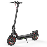 iScooter i10 mid-tier folding commuter electric scooter: 42V peak 650W brushless motor, 25 mph, 4 speed modes, 10-inch pneumatic tires, EBAS front brake plus rear disc, front and rear suspension, IP54, iScooter app, 44 lb net, 264 lb max load