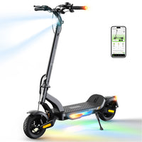 Gray isinwheel S Nova Pro with the headlight beam projecting forward and RGB ambient deck lighting active beside the isinwheel Club app