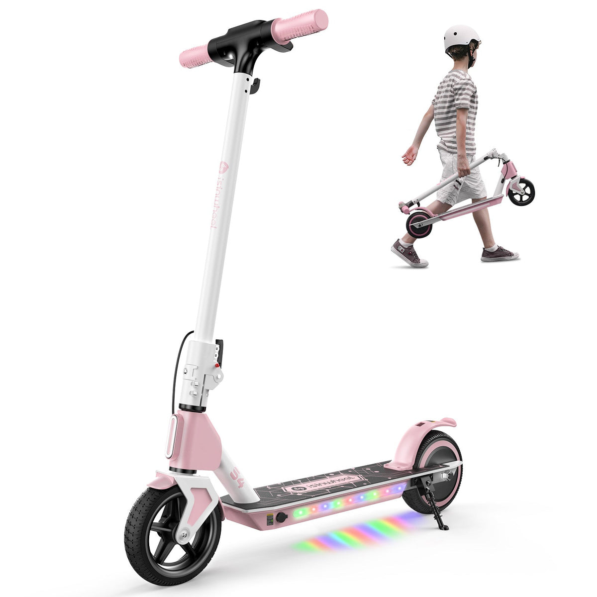 Pink isinwheel S4 kids scooter with child carrying the folded scooter