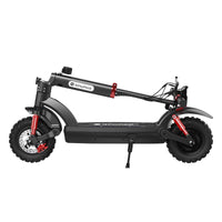 Folded isinwheel GT2 resting on its kickstand with the stem secured above the deck