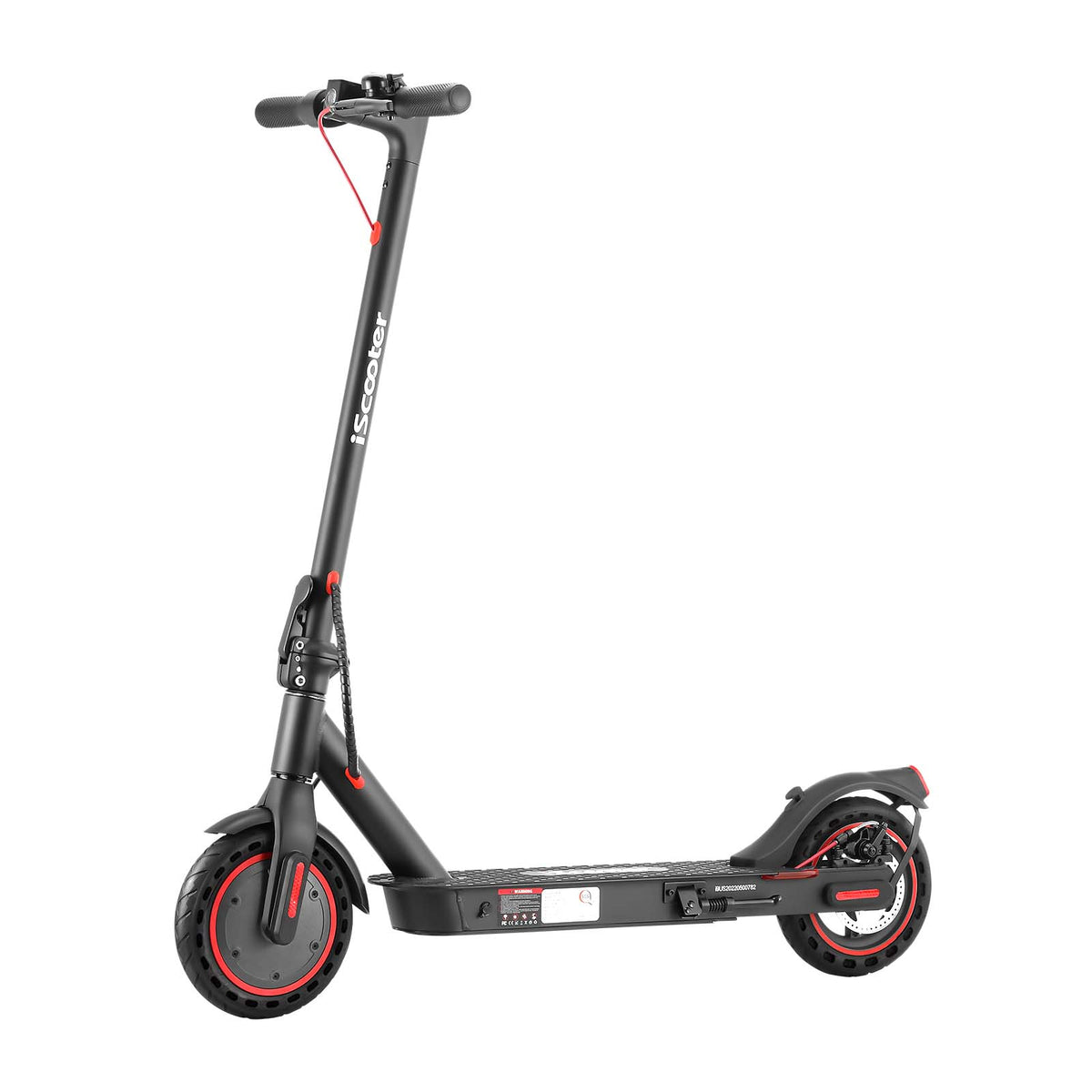 iScooter i9 three-quarter studio view showing the 8.5 inch front wheel, folding latch, narrow deck, and rear disc brake.