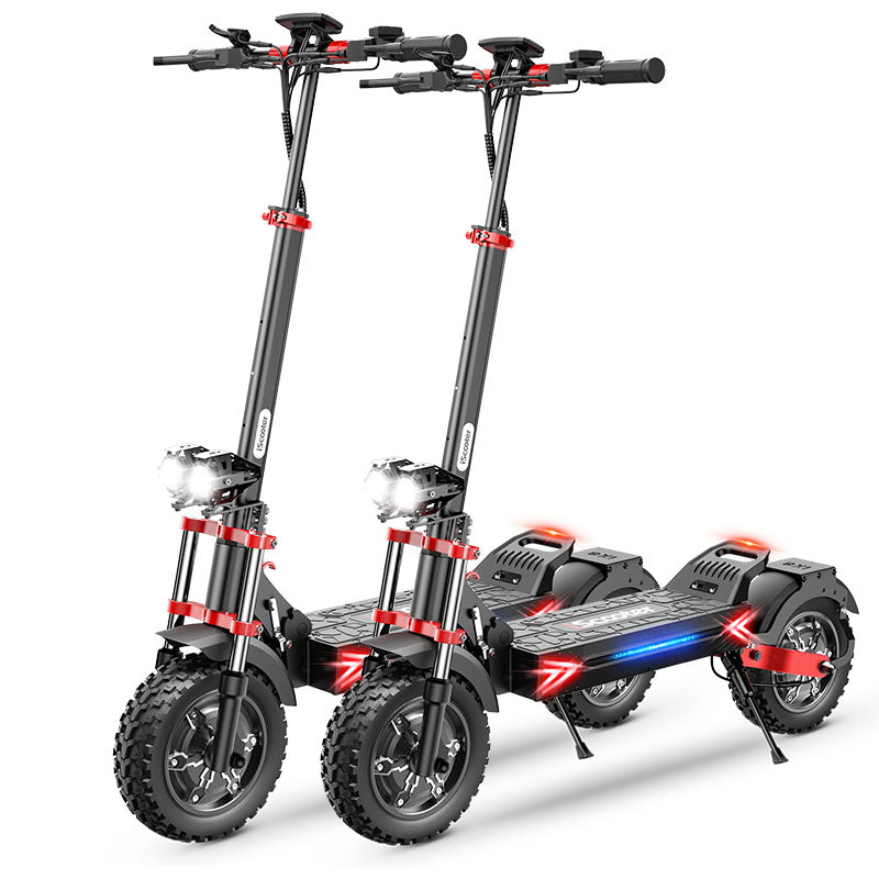 iScooter iX8 off-road dual-motor electric scooter with 12-inch off-road pneumatic tires, dual front and rear suspension, dual hydraulic disc brakes with EBAS rear anti-lock, full-color LCD, and a 38 mph top-speed claim