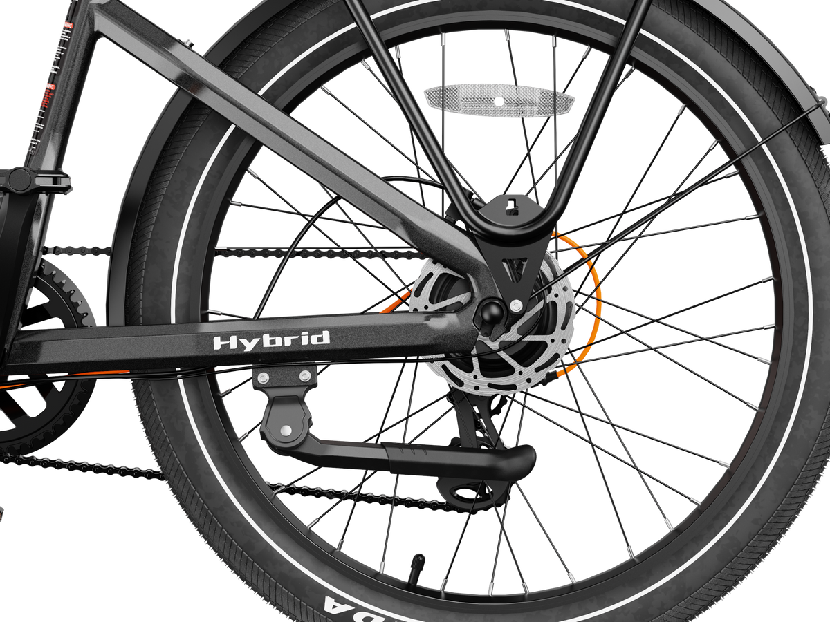 Heybike Hybrid Class 2/3 electric commuter bike with 750W rated rear-hub motor, 27.5 by 2.4 inch KENDA tires, Tektro hydraulic disc brakes, Shimano Altus 8-speed gearing, 6061 aluminum frame, hydraulic front fork, integrated turn-signal lighting, and an 864Wh battery on a UL 2849 certified electrical system
