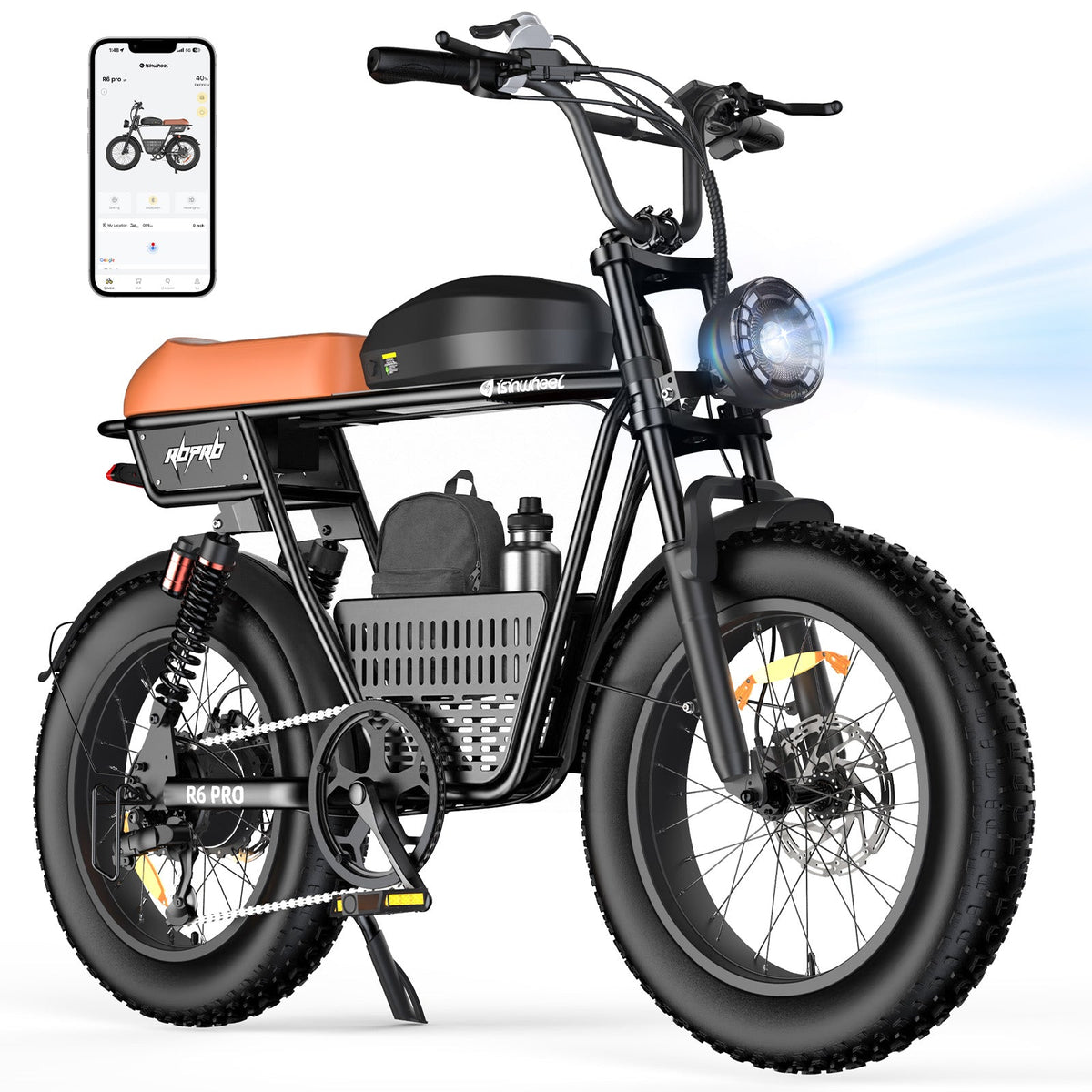 Front three-quarter view of the isinwheel R6 Pro with the headlight projecting a bright beam, a backpack and water bottle in the integrated center cargo basket, and the isinwheel Club app open on a phone in the upper left corner