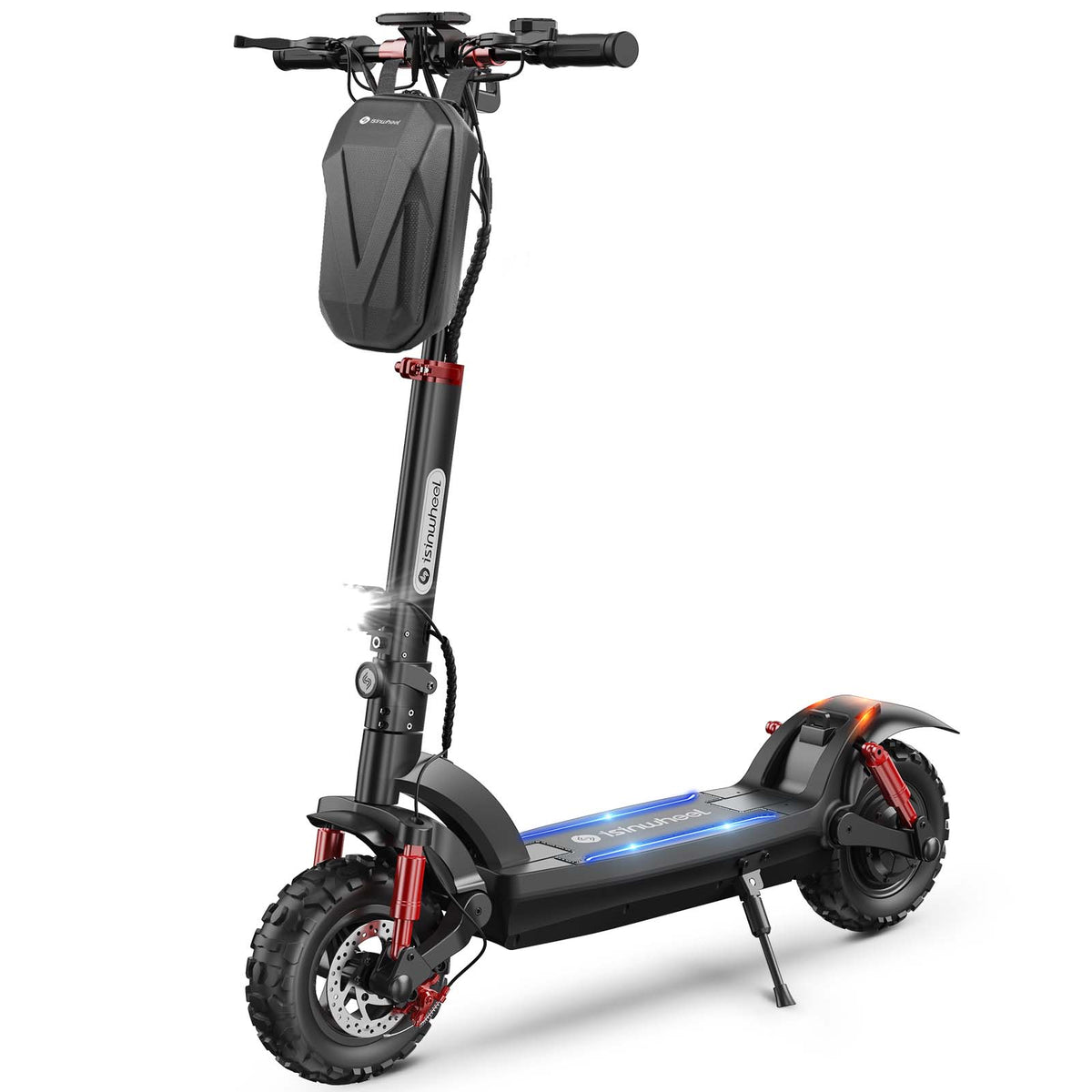 Black isinwheel GT2 electric scooter angled forward with its handlebar bag and kickstand visible