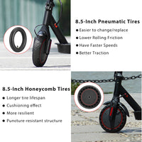 iScooter tire comparison graphic explaining pneumatic tires versus 8.5 inch honeycomb tires for maintenance and comfort.