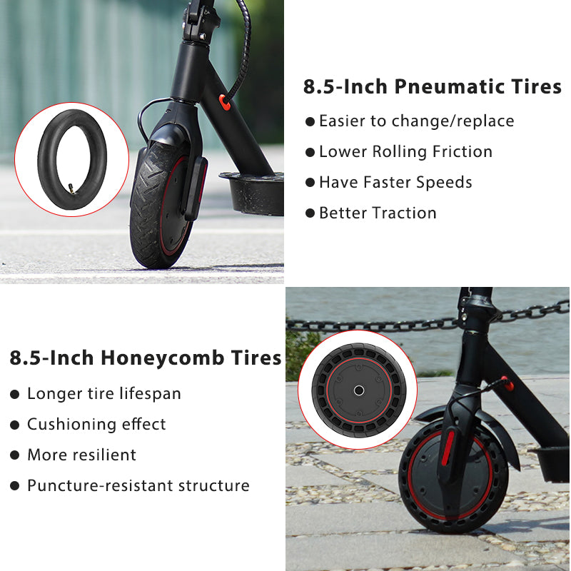 iScooter tire comparison graphic explaining pneumatic tires versus 8.5 inch honeycomb tires for maintenance and comfort.