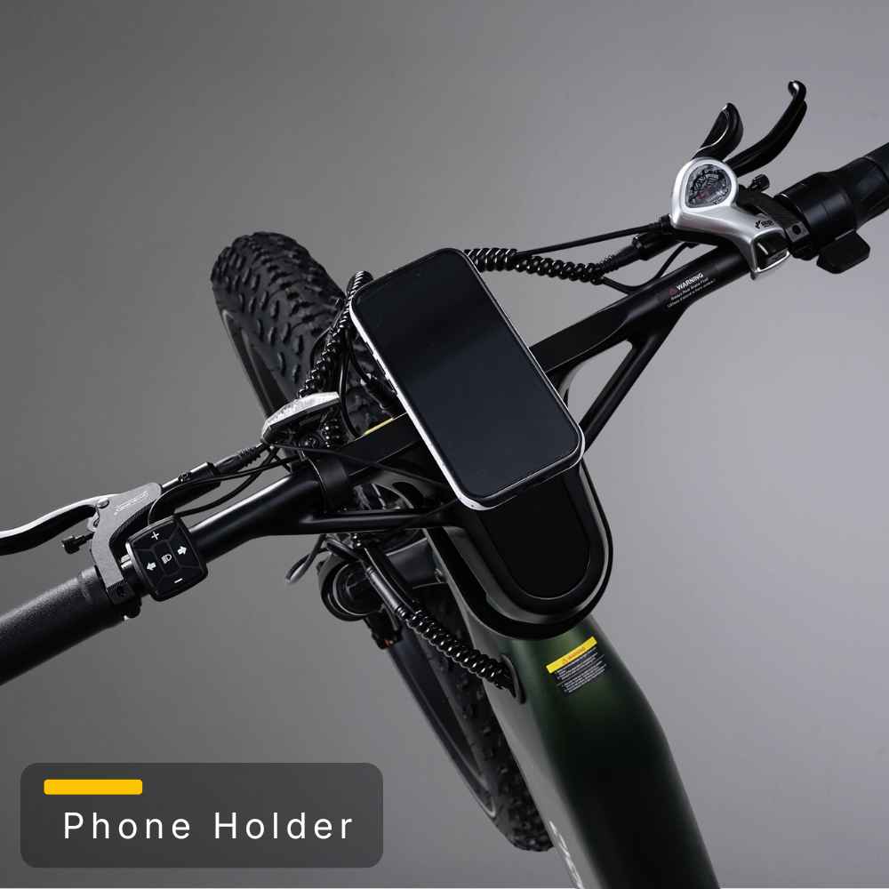 Phone holder mounted between the Nomad Pro handlebars for navigation and ride tracking.