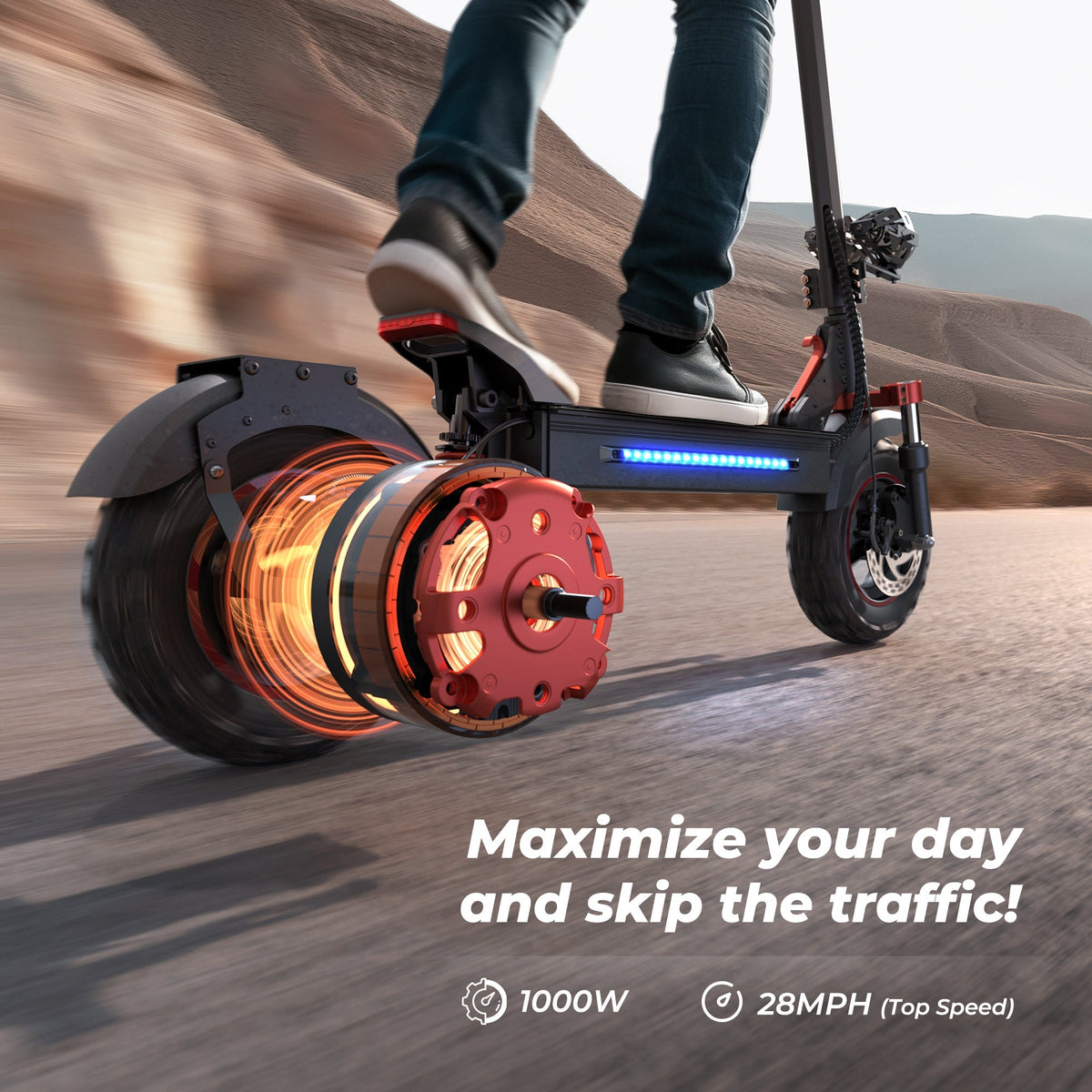 iScooter iX5S 1000W off-road electric scooter: 28 mph, 40-mile range, 11-inch off-road tubeless tires, dual suspension, EABS plus double disc brakes, IPX4 water resistance, 60 lb folded, 330 lb max load