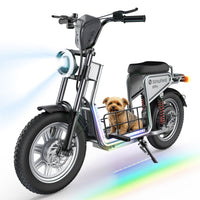 Front view of the H7Pro with a dog in the basket and rainbow lighting under the frame