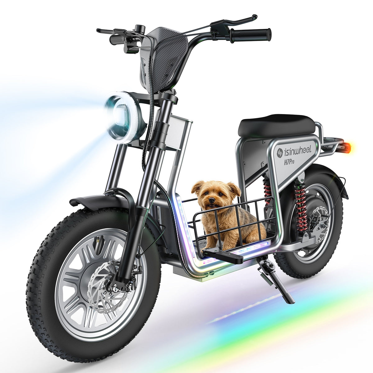 Front view of the H7Pro with a dog in the basket and rainbow lighting under the frame