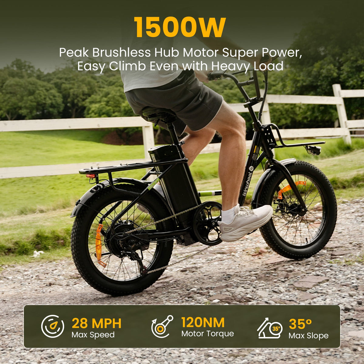 1500W peak brushless hub motor feature graphic for the upgraded U7 S with 28 mph maximum speed, 120 Nm motor torque, and 35 degree maximum slope call-outs