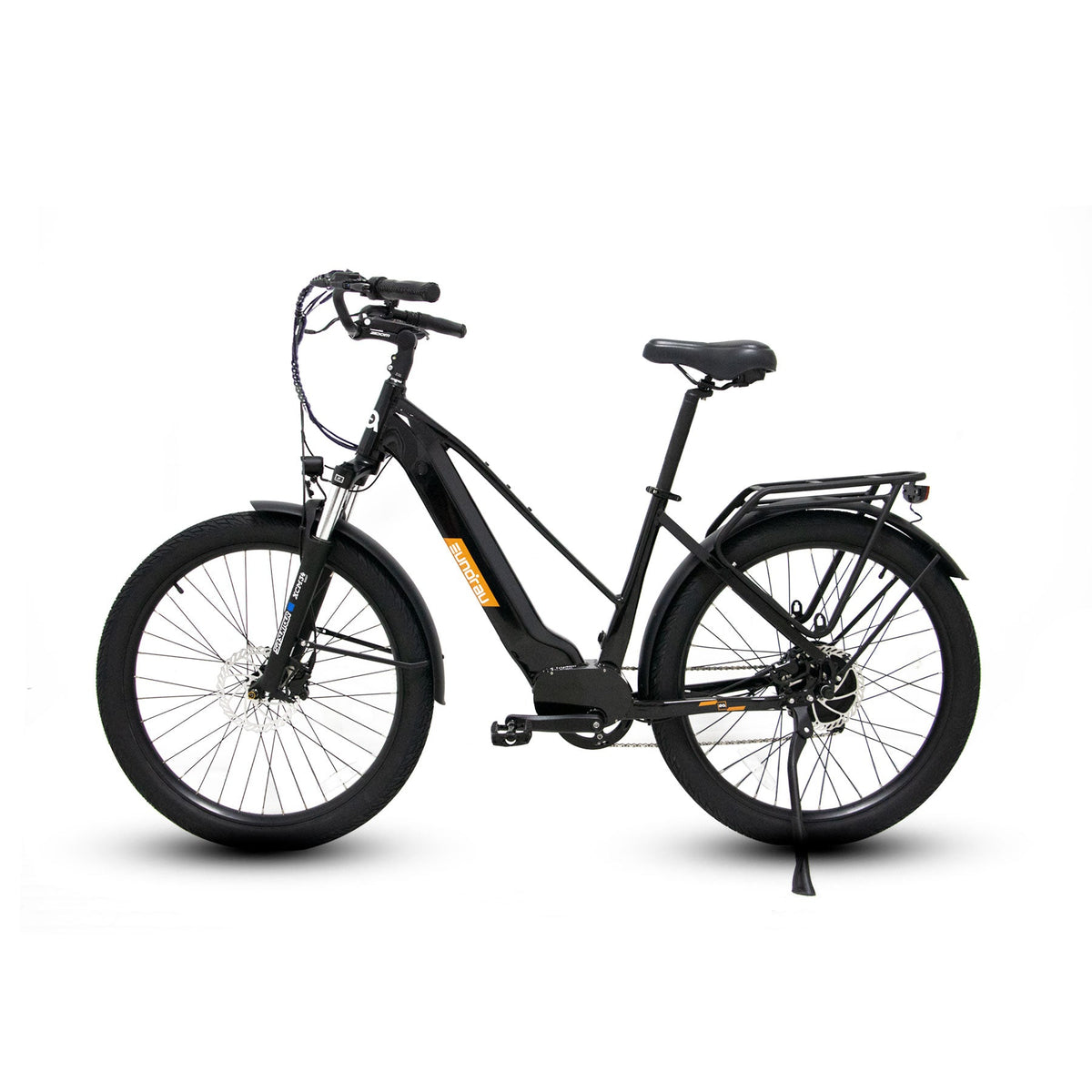 Black EUNORAU META275 1.0 electric bike, non-drive-side profile with rear rack