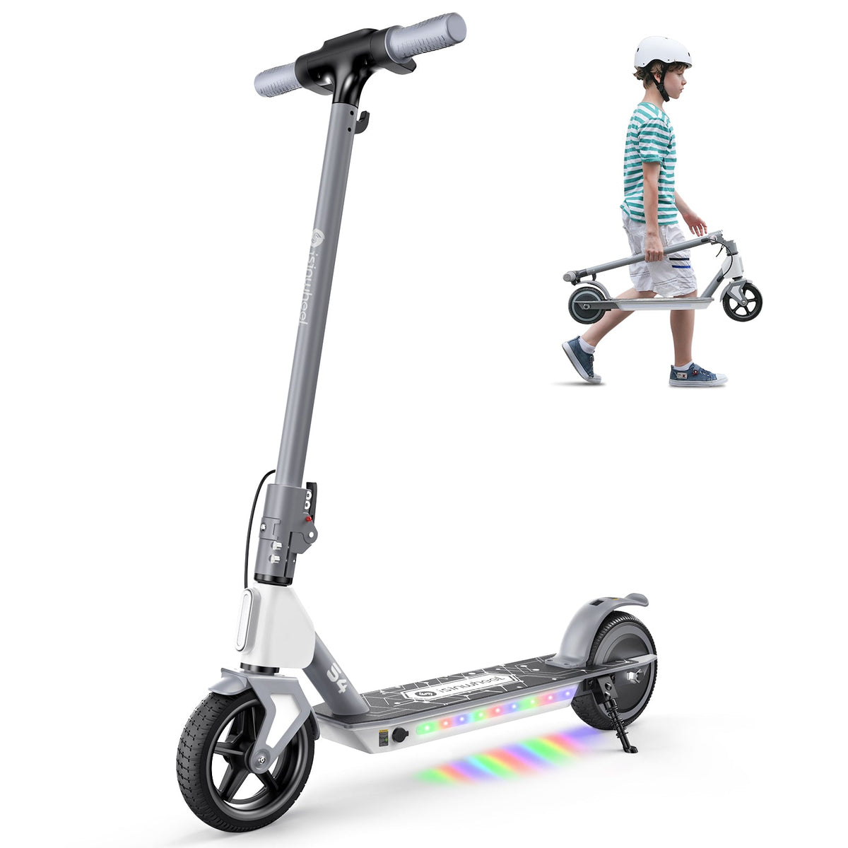 Gray isinwheel S4 kids electric scooter with illuminated deck