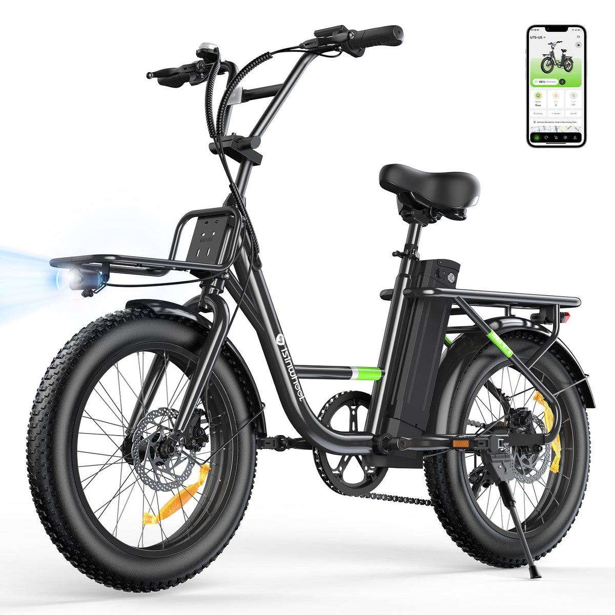 Studio rear three-quarter of the white isinwheel U7 with the headlight, front rack, removable battery in the step-through frame, rear rack, and isinwheel Club app on a phone