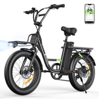 Studio rear three-quarter of the white isinwheel U7 with the headlight, front rack, removable battery in the step-through frame, rear rack, and isinwheel Club app on a phone