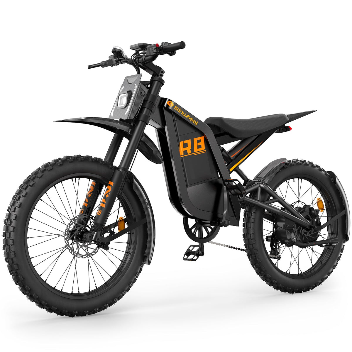 Three-quarter view of the isinwheel R8 showing the removable frame battery, rear shock area, rear hub motor, and moto-style tire stance.