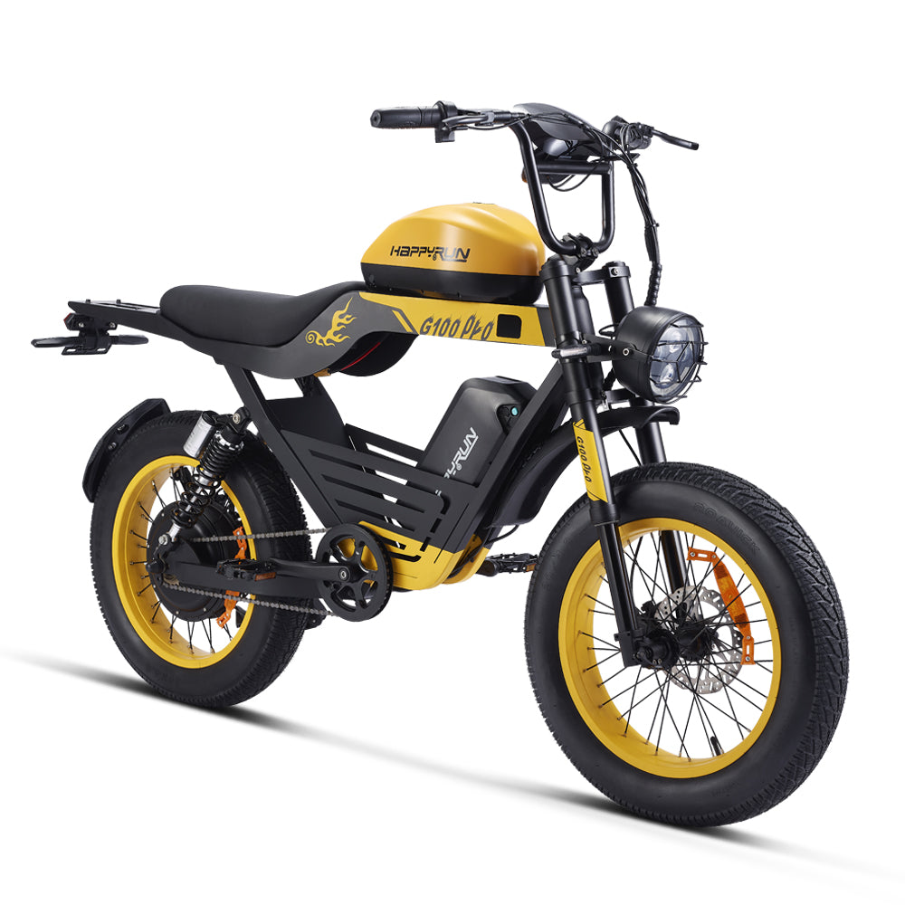 Studio rear three-quarter of the black HappyRun G100 Pro showing the rear rack, taillight with brake indicator, dual rear shocks, chain, and rear hydraulic disc brake with motorcycle-grade rotor