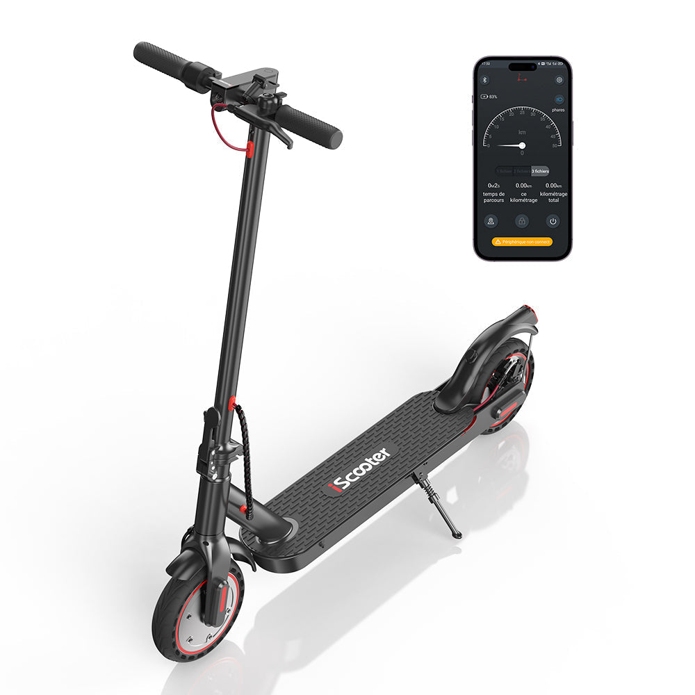 Front three-quarter view of the iScooter i9 with app screen, showing the black deck, kickstand, and red-accent wheels.