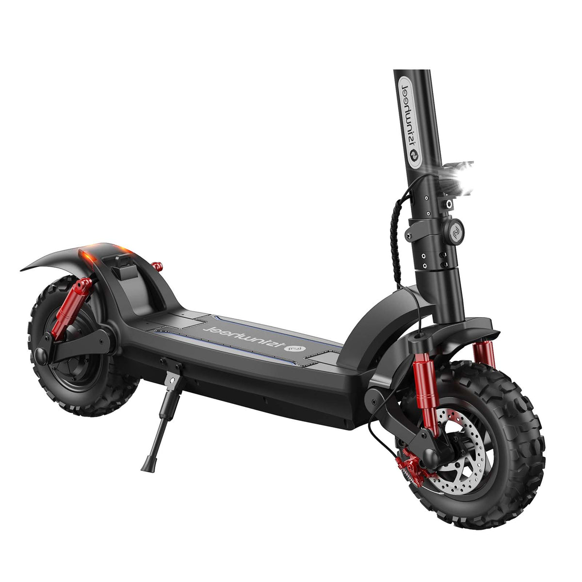 Low front three-quarter view of the GT2 with disc brake, deck, and rear suspension visible