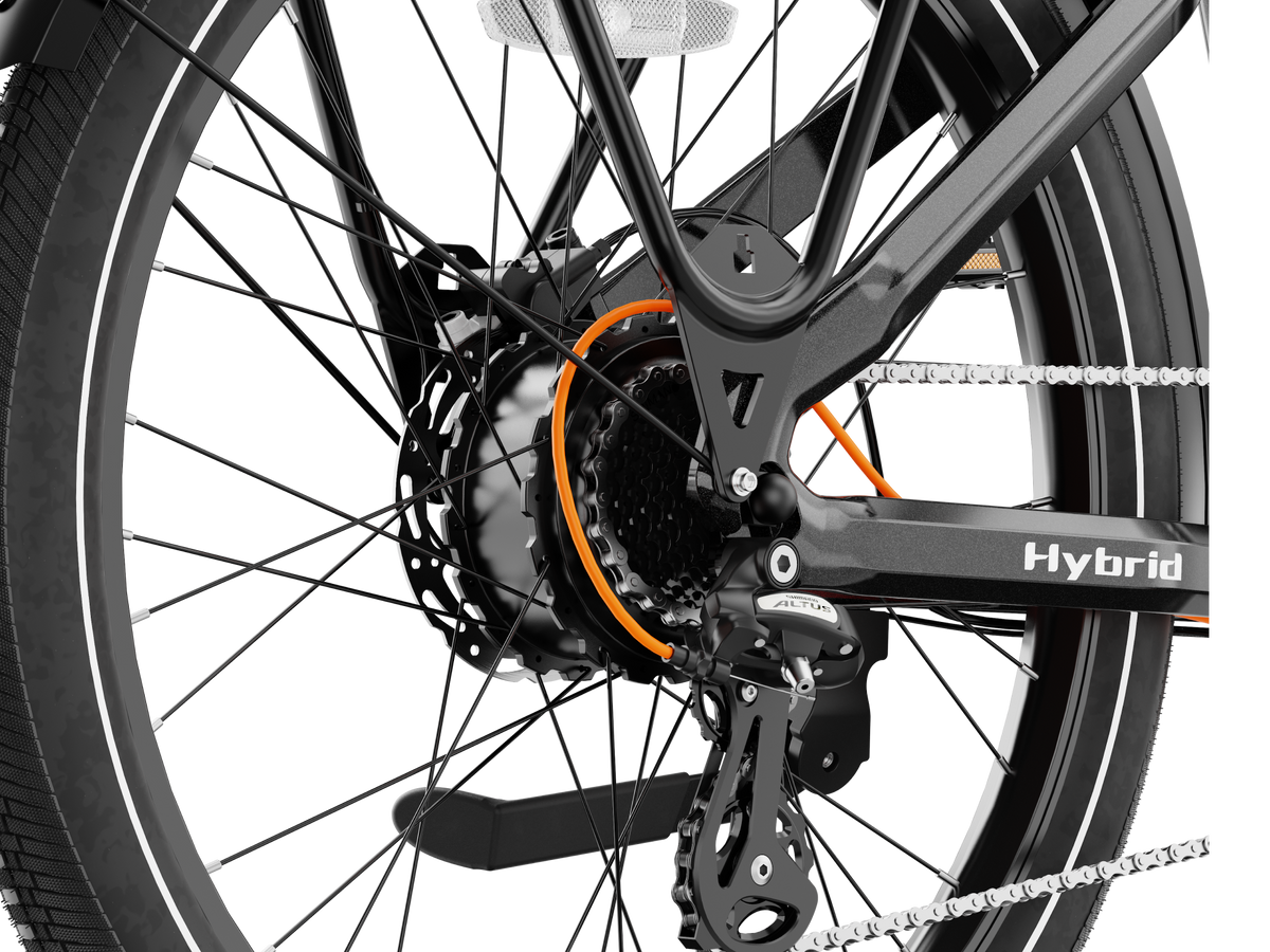Heybike Hybrid Class 2/3 electric commuter bike with 750W rated rear-hub motor, 27.5 by 2.4 inch KENDA tires, Tektro hydraulic disc brakes, Shimano Altus 8-speed gearing, 6061 aluminum frame, hydraulic front fork, integrated turn-signal lighting, and an 864Wh battery on a UL 2849 certified electrical system