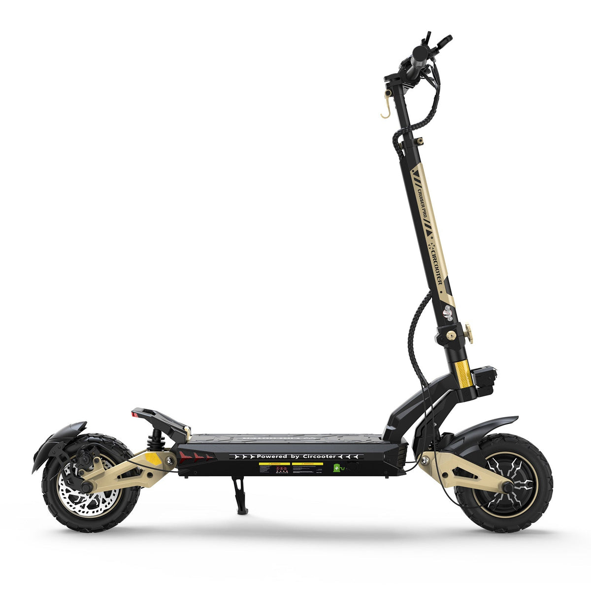 Circooter Cruiser Pro 2400W dual-motor off-road electric scooter with 11-inch pneumatic off-road tires, dual hydraulic suspension front and rear, hydraulic disc brakes, extra-wide deck, UL 2272 certified electrical system, and a 38 mph top-speed claim