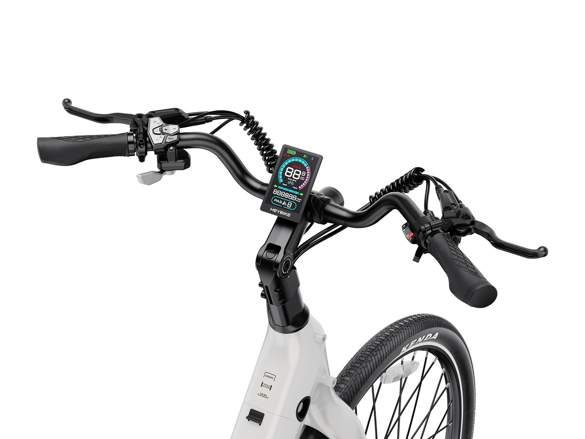 Heybike Venus lightweight step-thru cruiser electric bike: 750W Galaxy hub motor (1400W peak), 70 Nm torque, 28 mph Class 2/3 switchable, 27.5x2.2 Kenda road tires, aluminum-alloy low-step frame, Shimano Altus 8-speed, hydraulic discs, UL 2849 + UL 2271
