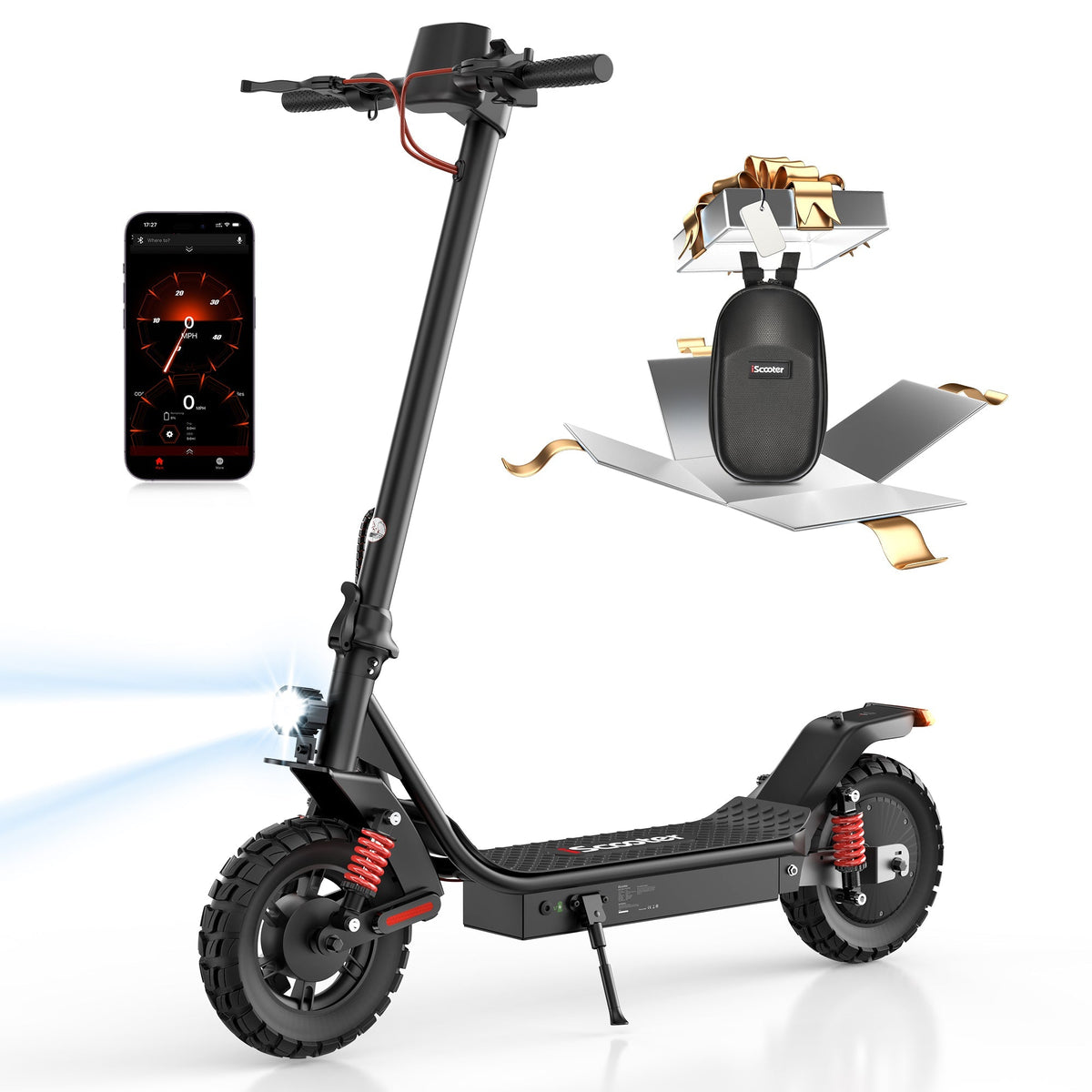 iScooter i10 Pro 800W folding commuter electric scooter: 48V peak 800W brushless rear-wheel-drive motor, 28 mph top speed, 720Wh battery, 10-inch pneumatic road tires, EBAS front plus double drum rear brakes, front and rear suspension, IP54, dedicated iScooter app, 53.9 lb folded