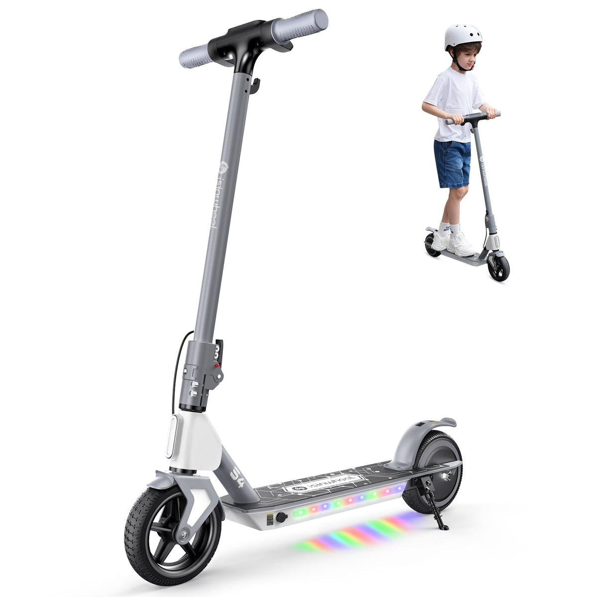 Gray isinwheel S4 kids scooter with a helmeted rider