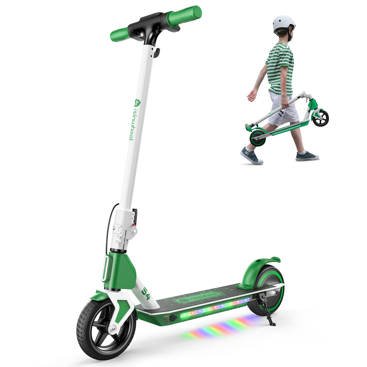 Green isinwheel S4 kids scooter with child carrying the folded scooter