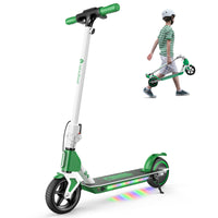 Green isinwheel S4 kids scooter with child carrying the folded scooter