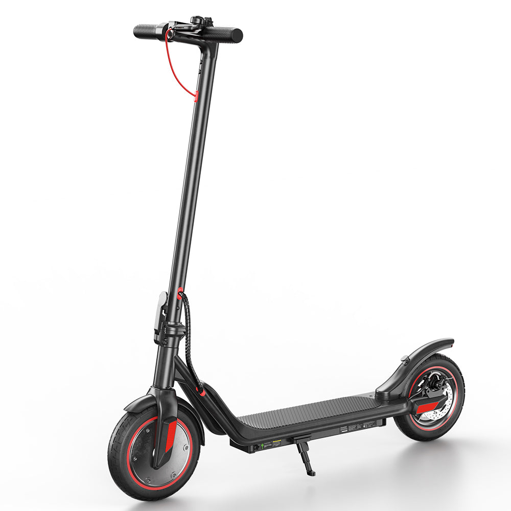iScooter i9M sub-budget folding commuter electric scooter: 42V peak 500W brushless front-wheel-drive motor, 22 mph, 315Wh battery, 10-inch pneumatic tires, EBAS plus rear disc brake, IP54, Tuya app integration, included mudguards, 28.9 lb folded