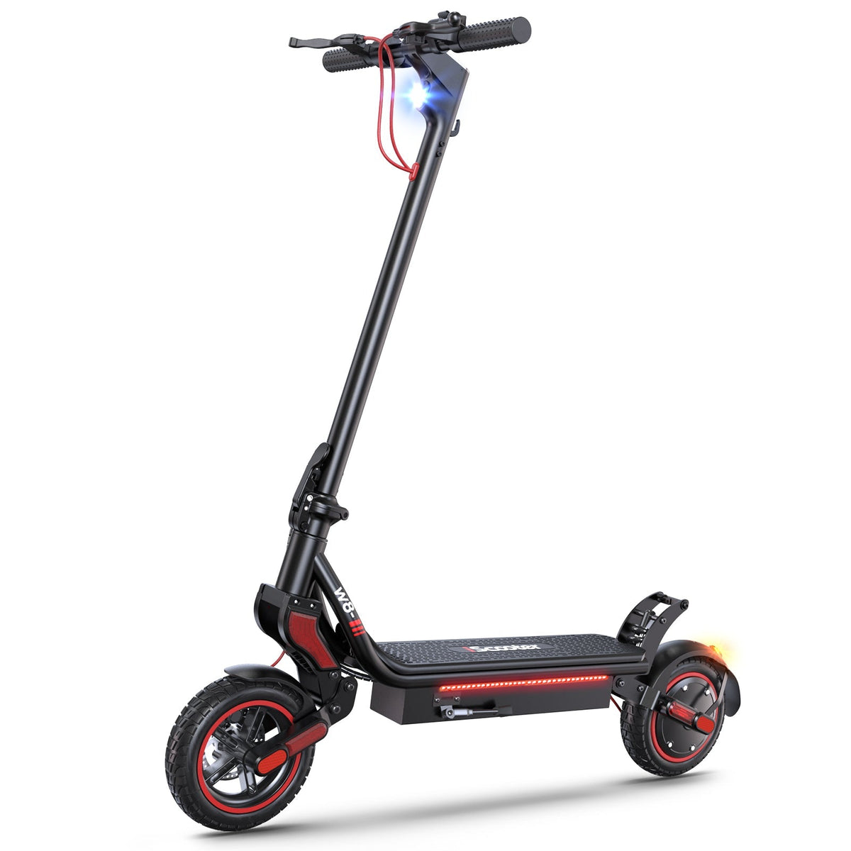 iScooter W8 black electric scooter shown in studio with red wheel accents, kickstand down, and folding stem upright.