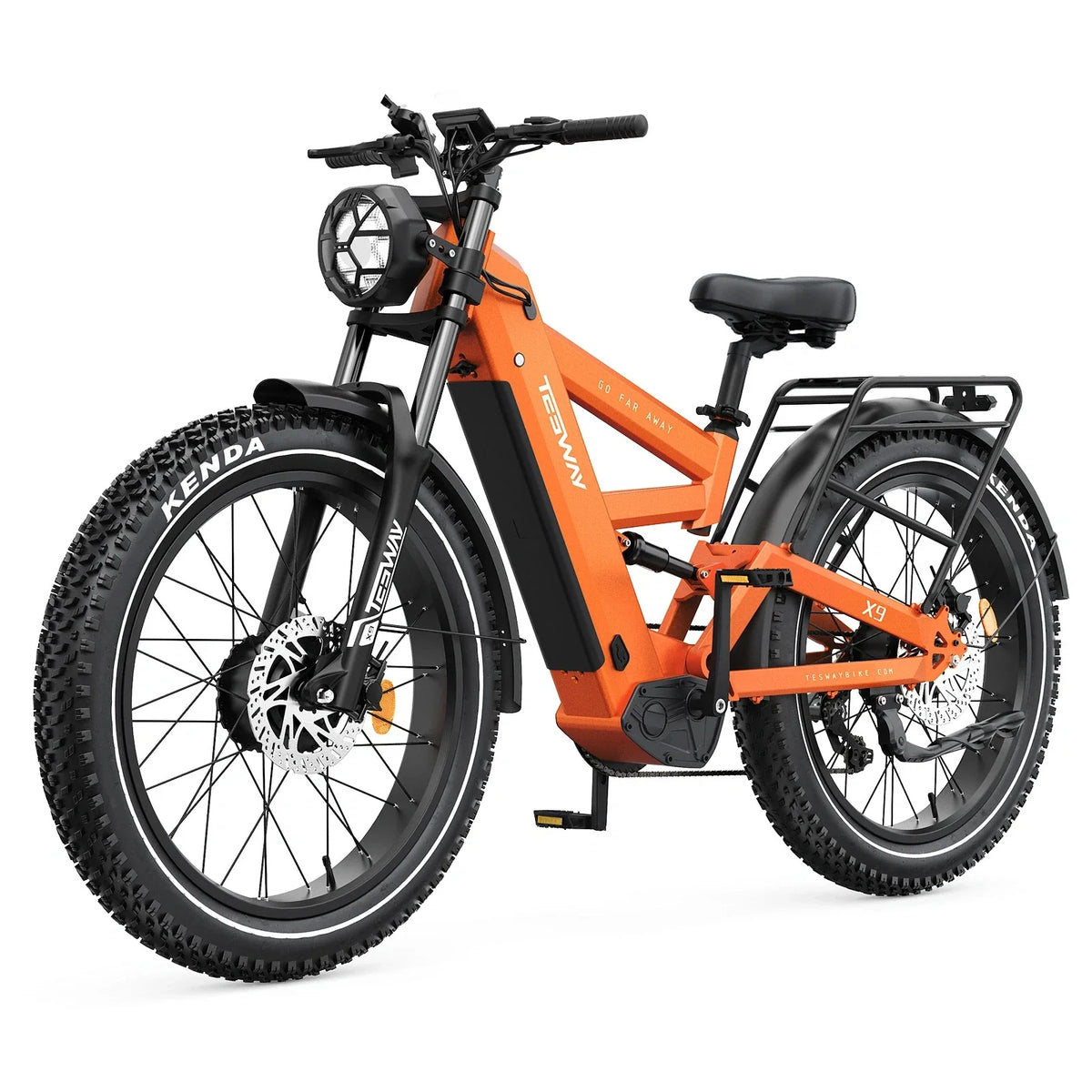 Orange TESWAY X9 Ultra front three-quarter view with dual hub motors, headlight, fenders, and rear rack