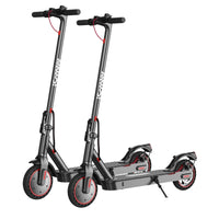 Two iScooter commuter scooters angled side by side for comparing deck length, wheel size, and stem height.