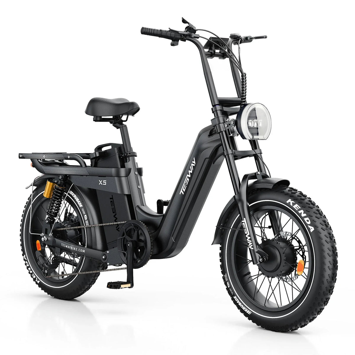 Black TESWAY X5 AWD step-through electric bike, front-right studio view