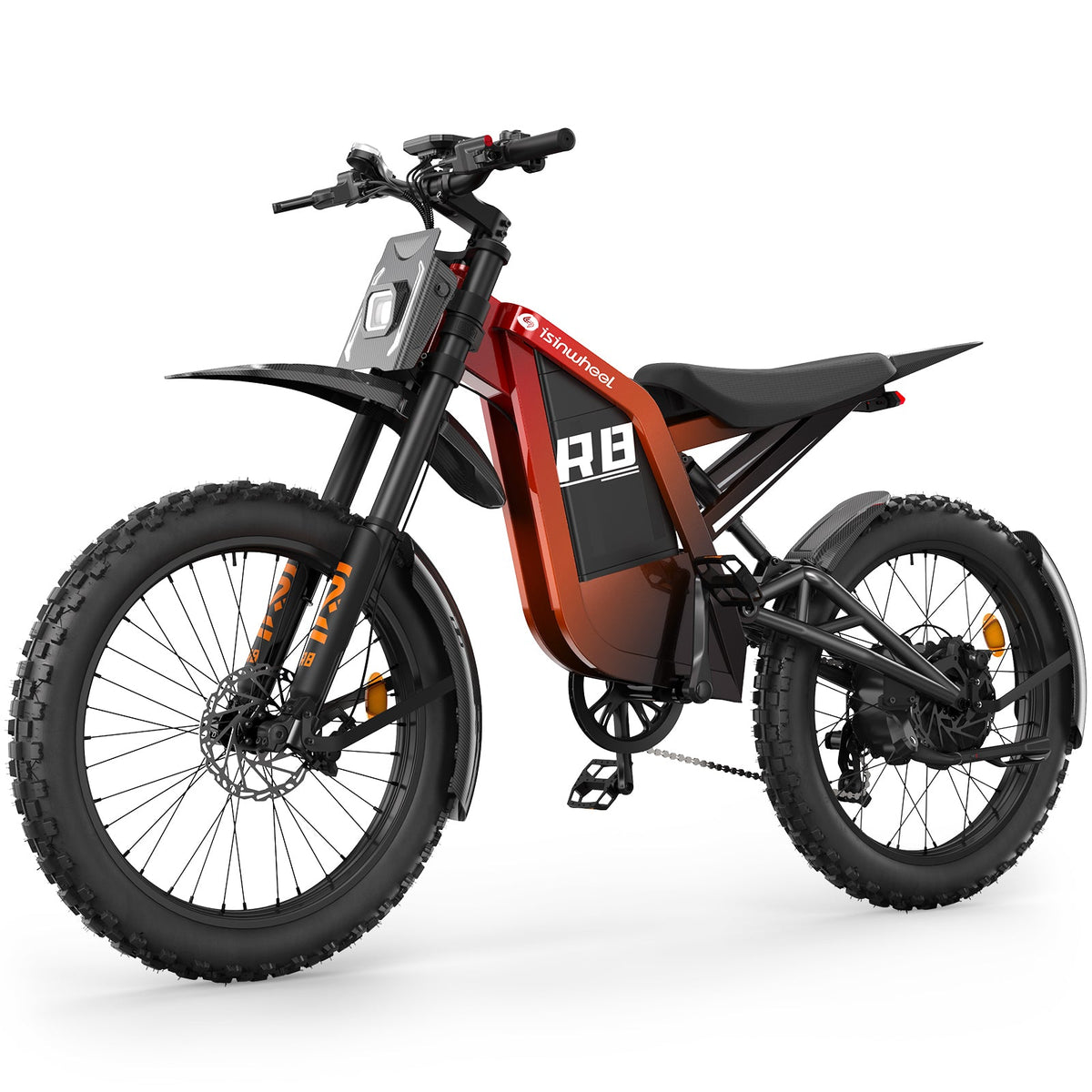 Black isinwheel R8 moto-style electric dirt bike in studio with dual crown fork, long saddle, pedals, and knobby 19 inch tires.