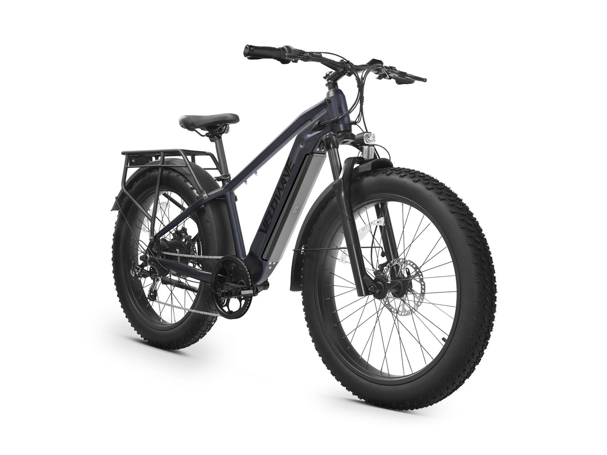 Dark gray Velowave Ranger 2.0 electric bike studio front three-quarter view