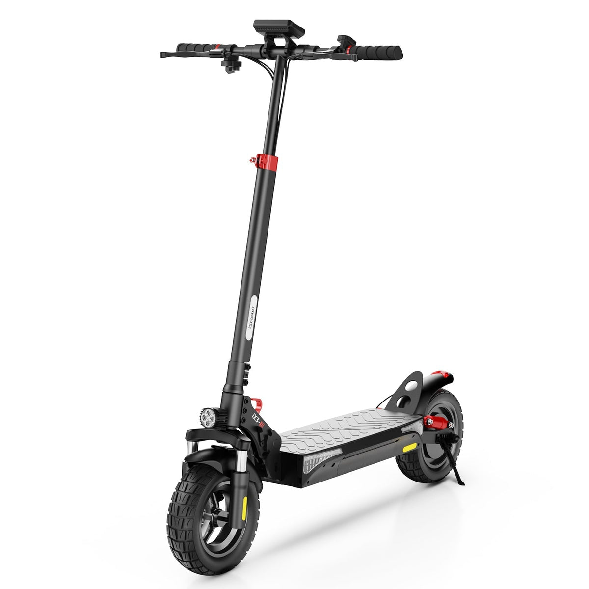 iScooter iX3 800W budget off-road folding electric scooter: 48V peak 800W brushless rear motor, 24 mph, 720Wh battery, 10-inch off-road pneumatic tires, dual disc + E-ABS, dual suspension, turn signal indicator, 52.2 lb folded, IPX4
