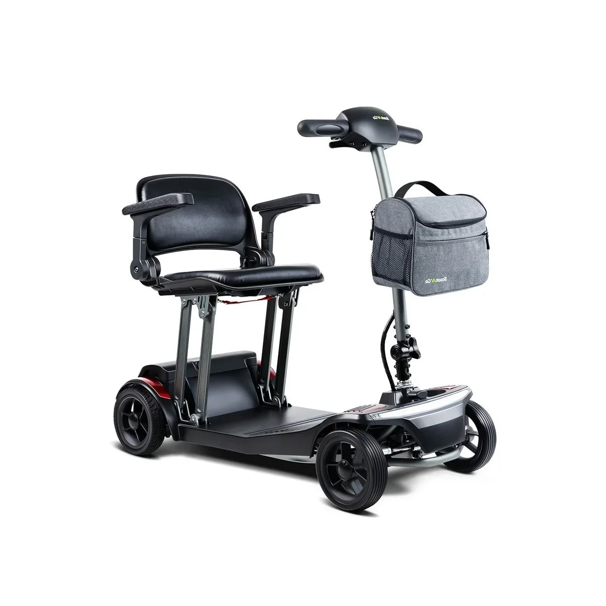 ScootNGo Folo four-wheel folding mobility scooter with gray tiller storage bag