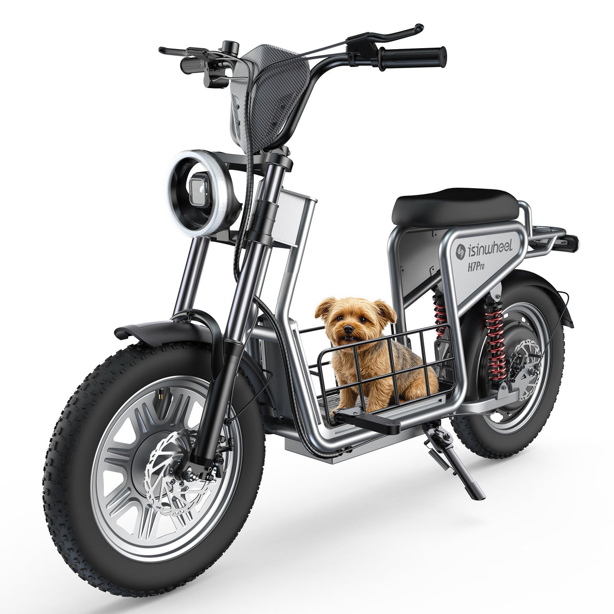 Three-quarter product view of the H7Pro with mirrors, headlight, basket, seat, and rear rack