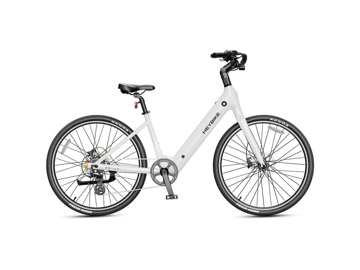 Heybike Venus lightweight step-thru cruiser electric bike: 750W Galaxy hub motor (1400W peak), 70 Nm torque, 28 mph Class 2/3 switchable, 27.5x2.2 Kenda road tires, aluminum-alloy low-step frame, Shimano Altus 8-speed, hydraulic discs, UL 2849 + UL 2271