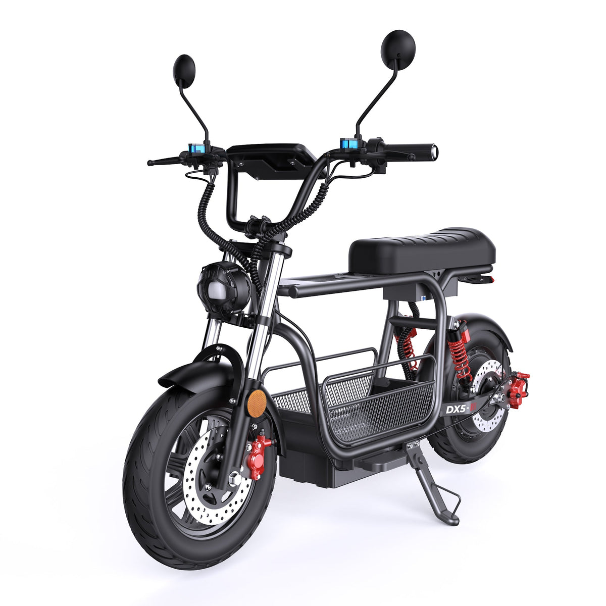 iScooter DX5 non-folding 15-inch tubeless-tire touring electric scooter: 1500W peak rear-wheel-drive motor, 35 mph top speed, 749Wh battery, front hydraulic shocks plus air-pressure rear suspension, hydraulic disc brakes plus E-ABS, turn lights, 101.2 lb net weight, 330 lb max load