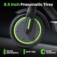 isinwheel S9 Pro 8.5-inch pneumatic tire feature graphic with shock absorption, anti-slip, and wear-resistant call-outs