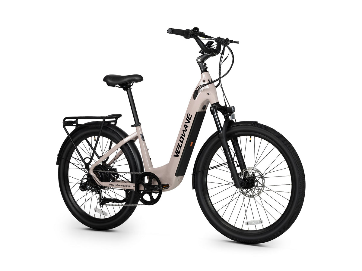 Beige Velowave Breeze T three-quarter view showing the integrated battery and front disc brake
