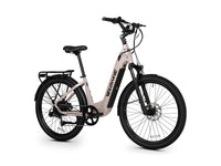 Beige Velowave Breeze T three-quarter view showing the integrated battery and front disc brake